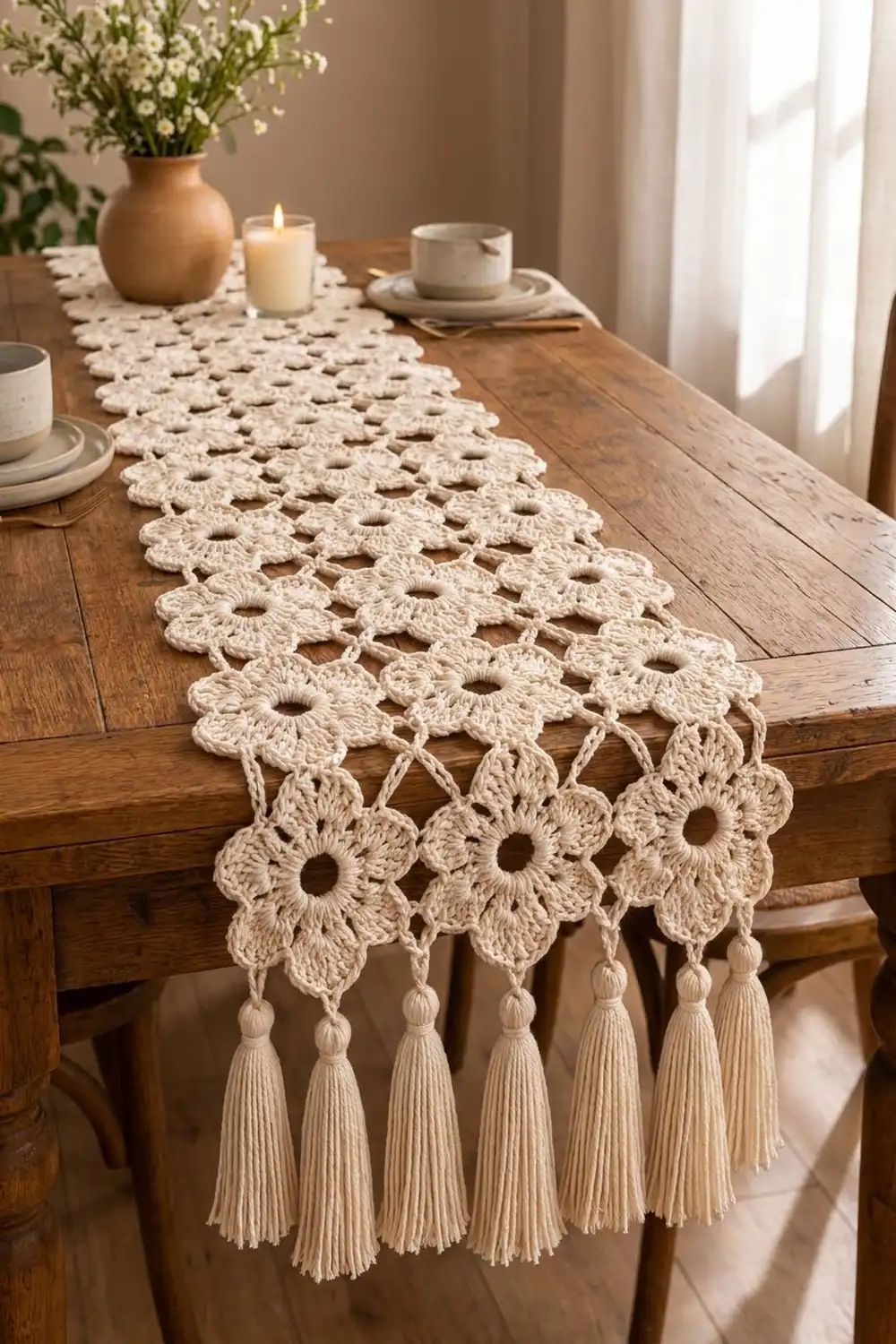 Cream crochet table runner with openwork floral design and tassels decorates a wooden table with flowers and candles.