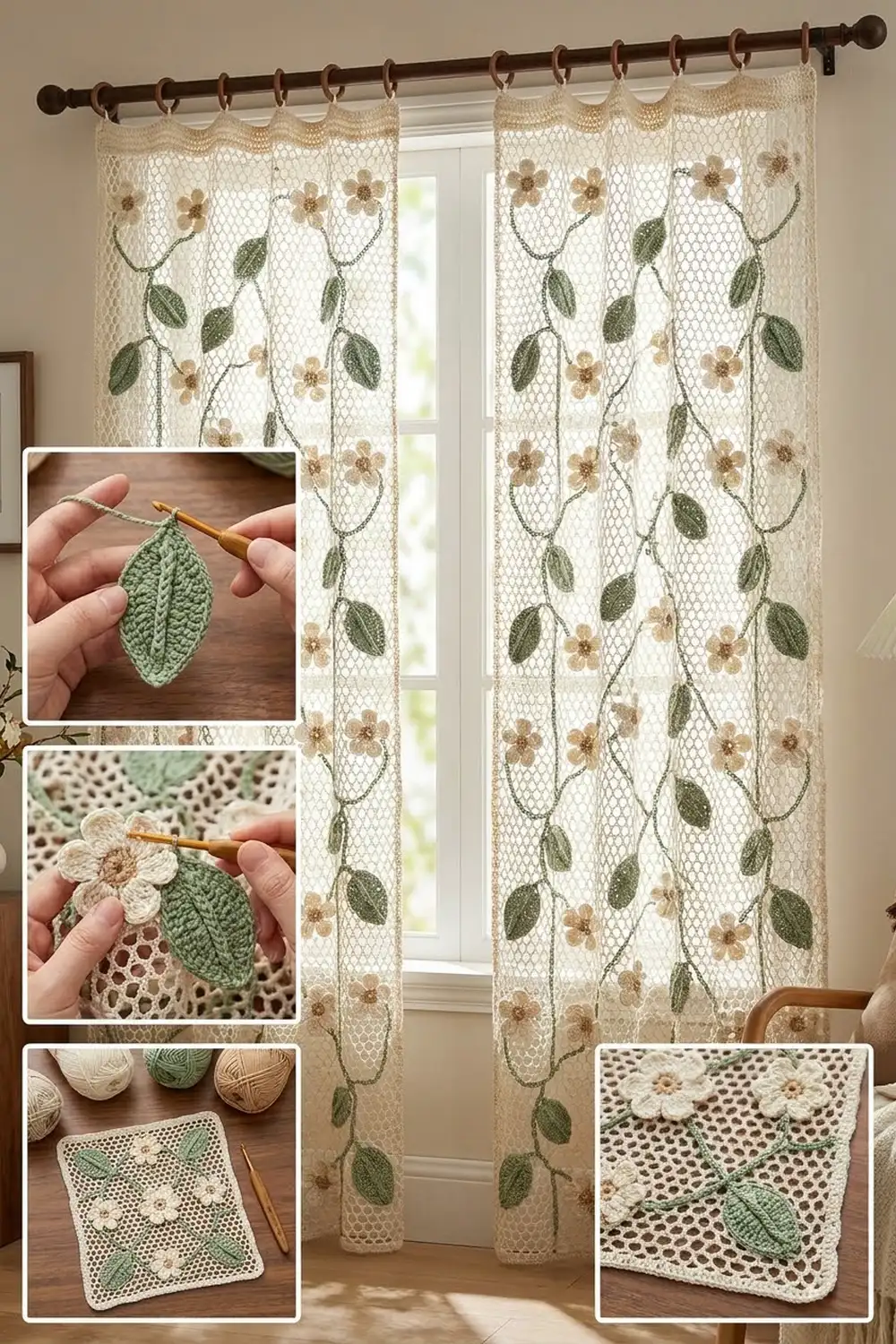 Crocheted cream curtains with green leaves and tan flowers hanging on a wooden rod in front of a bright window.