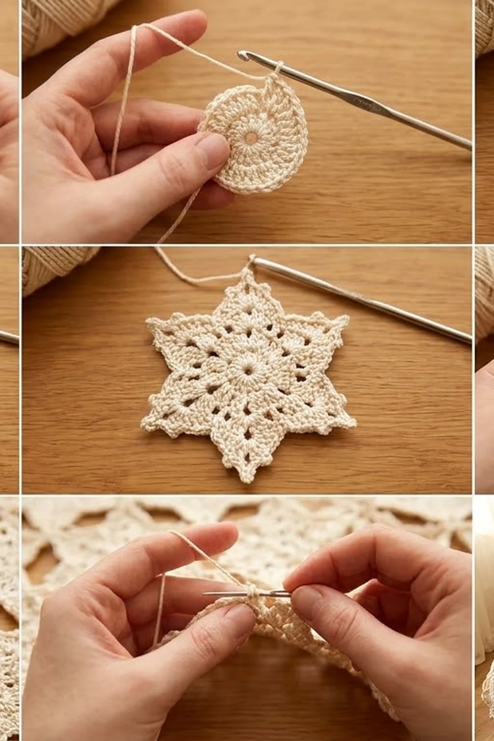 Crocheting a cream-colored lace snowflake ornament on a wooden table with metal hook.