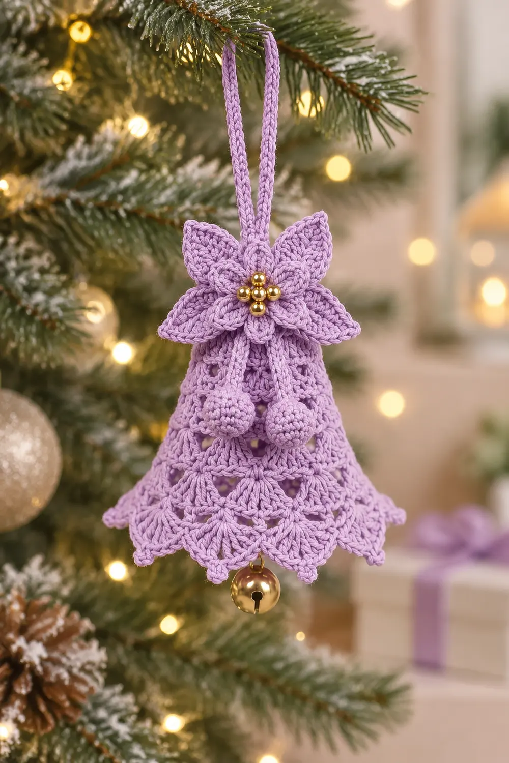 A lavender crocheted bell ornament with a flower bow and gold bell hangs from an evergreen branch.
