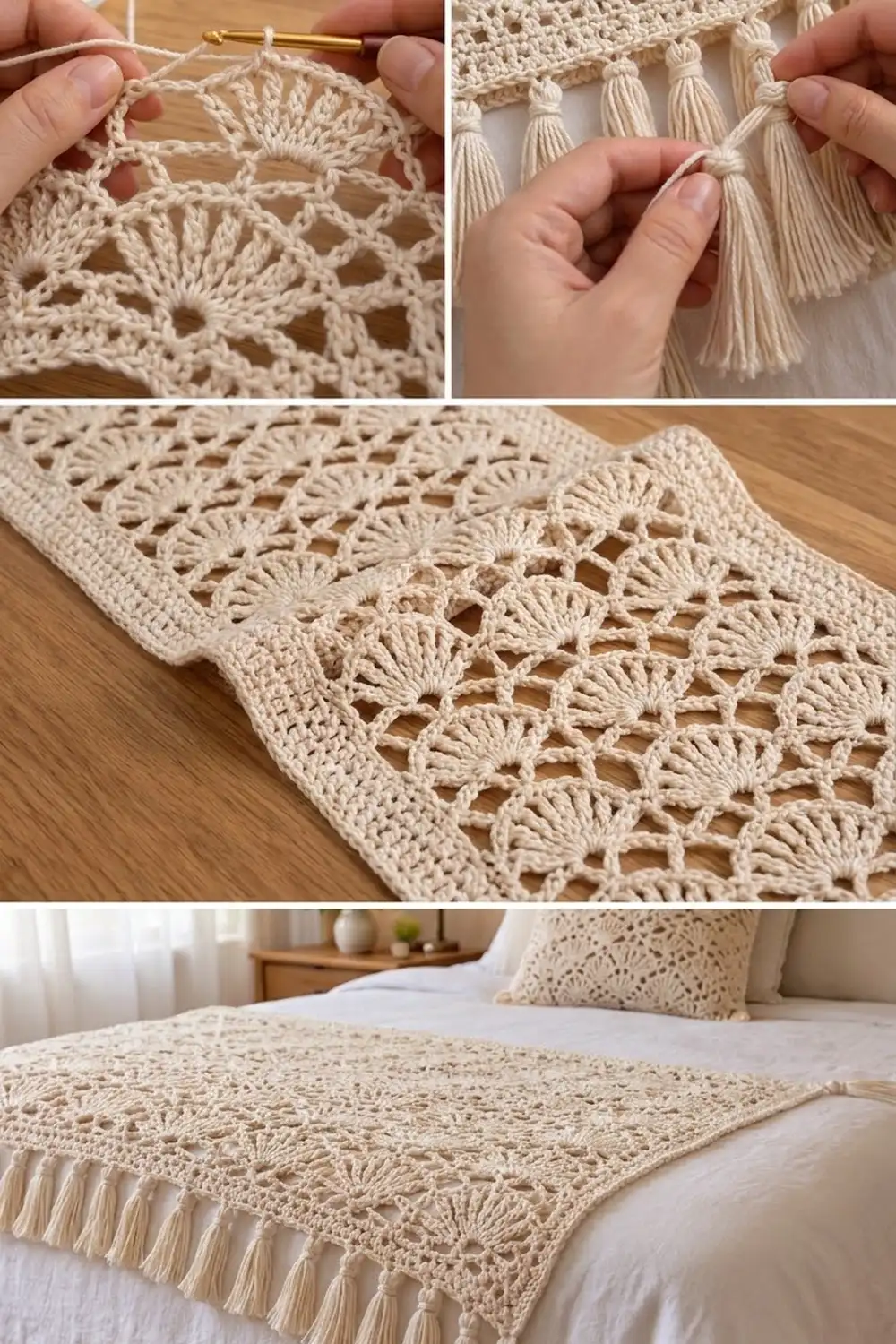 Cream lace crochet blanket with shell stitch pattern and tassel fringe shown in progress, detail shots, and styled on bed.