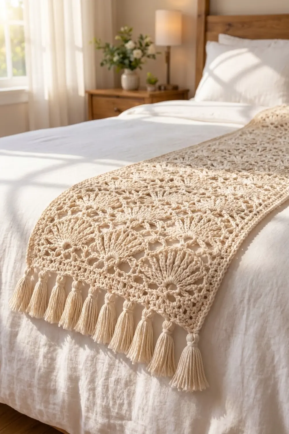 Cream crochet blanket with tassels draped on a bed in a bright, minimalist bedroom with wooden furniture.