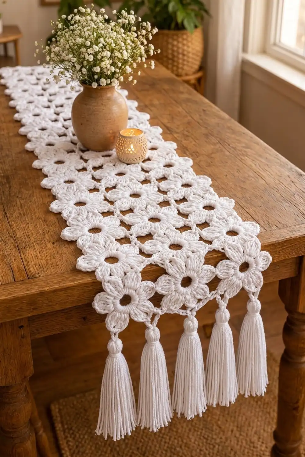 White crocheted table runner with openwork lace pattern and tassel trim sits on wooden table with flower vase and candle.