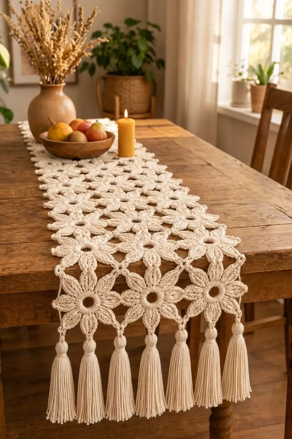 Cream lace table runner with flower motifs and tassel fringe displayed on wooden dining table in sunlit room with plants.