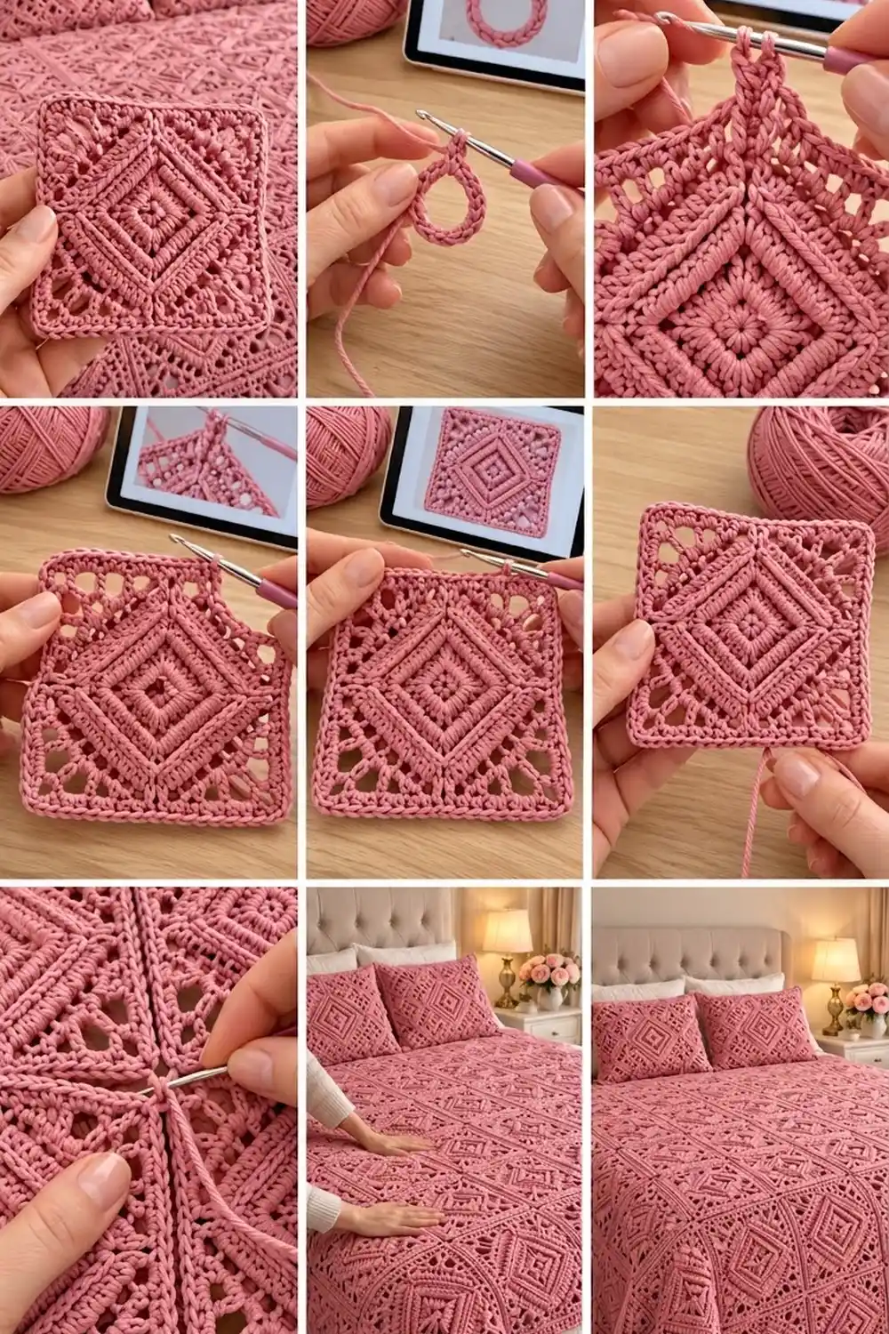 Dusty mauve crocheted blanket with geometric openwork pattern shown during creation and finished as a bedroom spread.