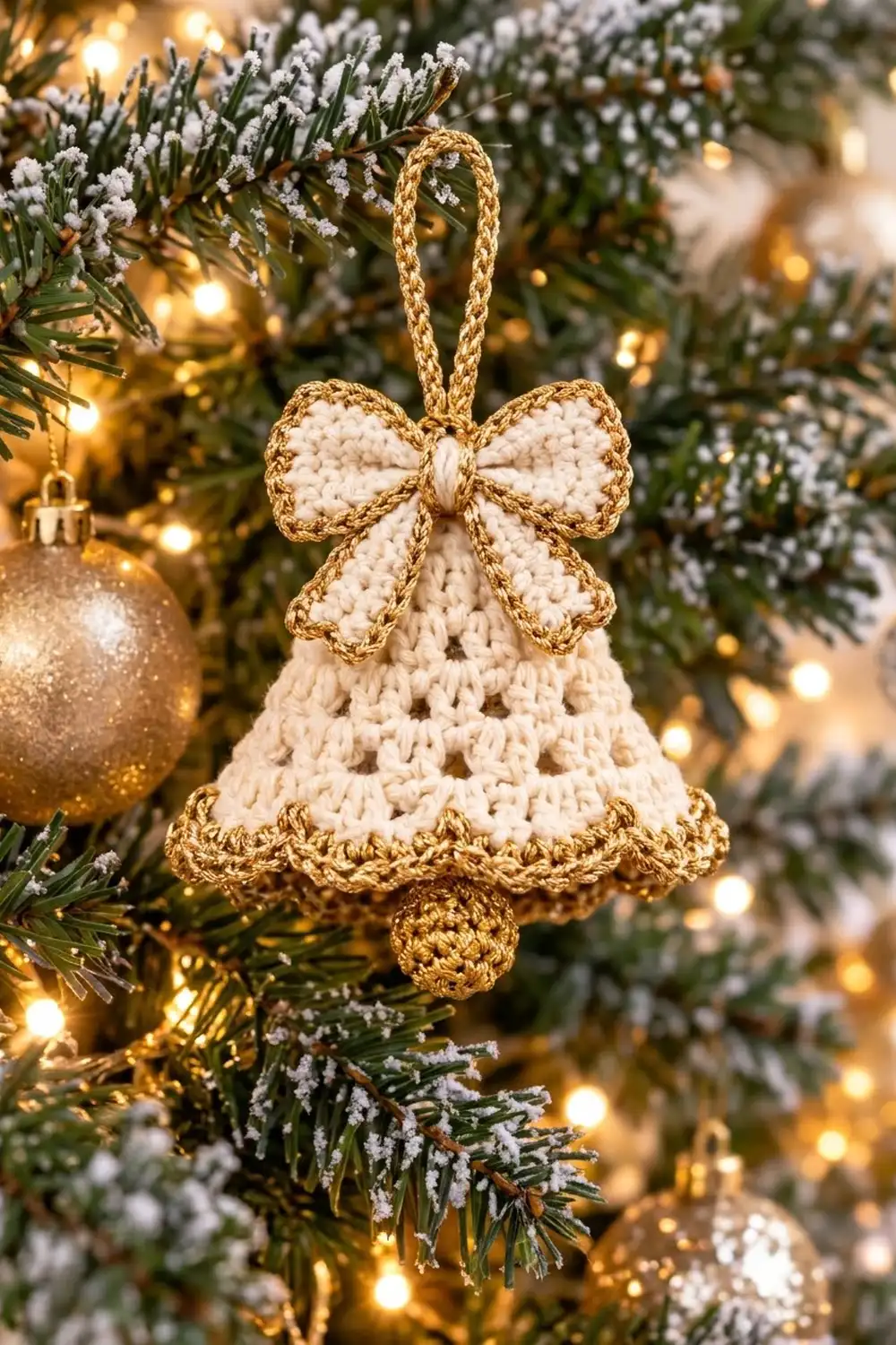 Crocheted bell ornament in cream and gold with bow, hanging on frosted evergreen branches with twinkling warm lights.