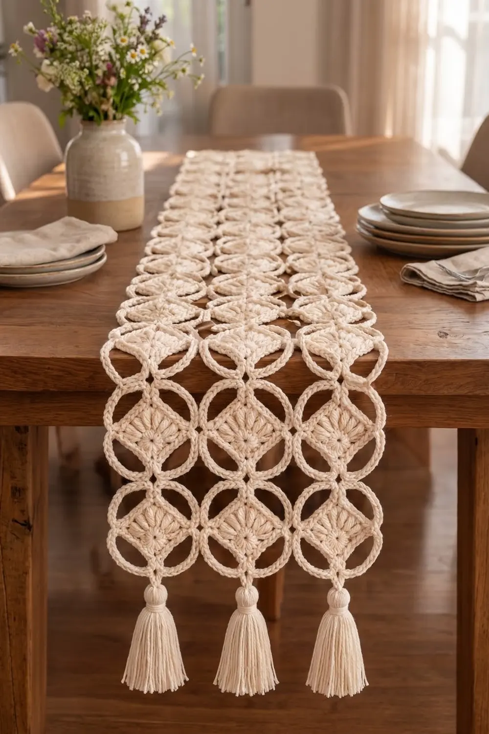 Cream crocheted table runner with geometric circular pattern and tassel ends on a wood dining table styled with flowers.
