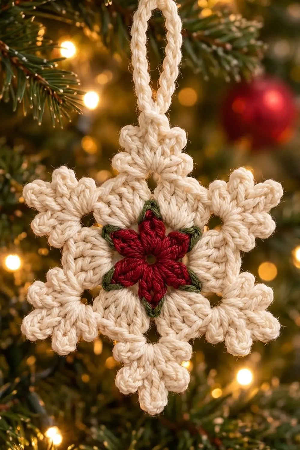 Cream-colored crocheted snowflake ornament with red poinsettia center, hanging on Christmas tree surrounded by twinkling warm lights.