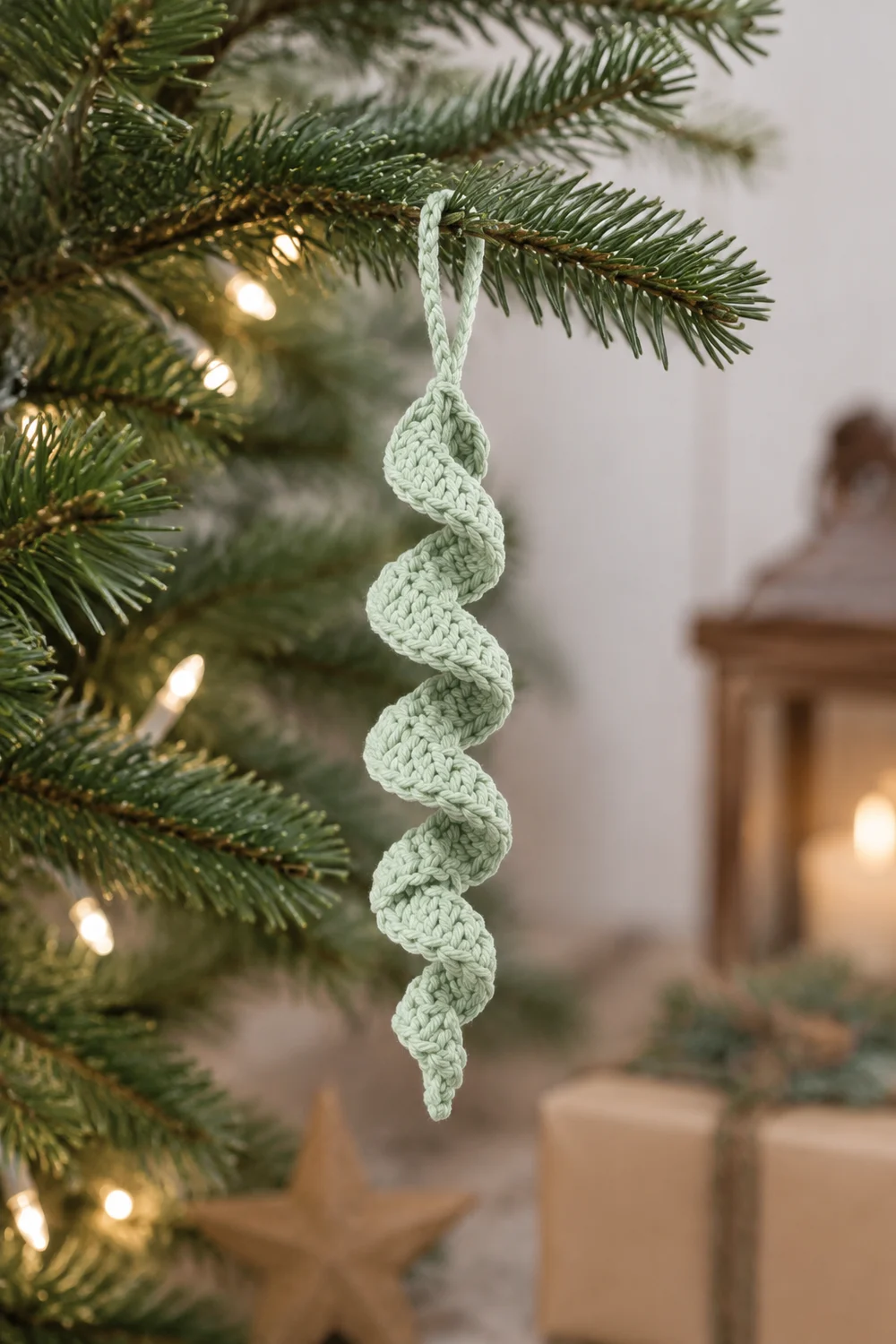 A pale green crocheted spiral ornament hangs from an evergreen branch amid warm white lights.