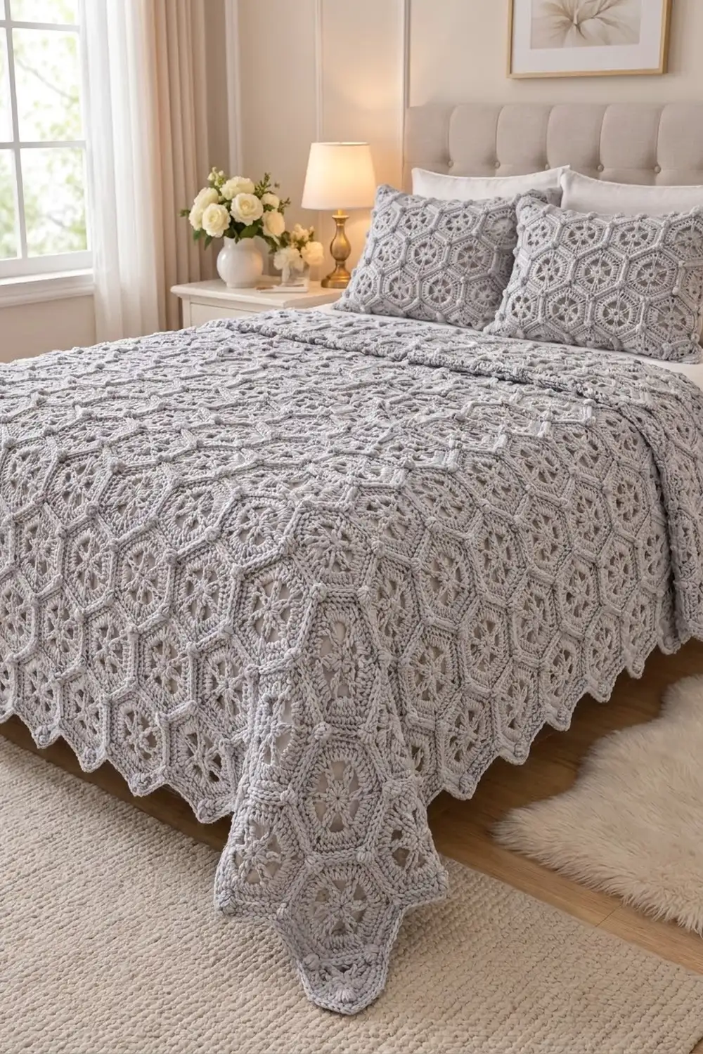 Textured gray crocheted bedspread with delicate geometric patterns on an elegant bedroom bed with cream decor.