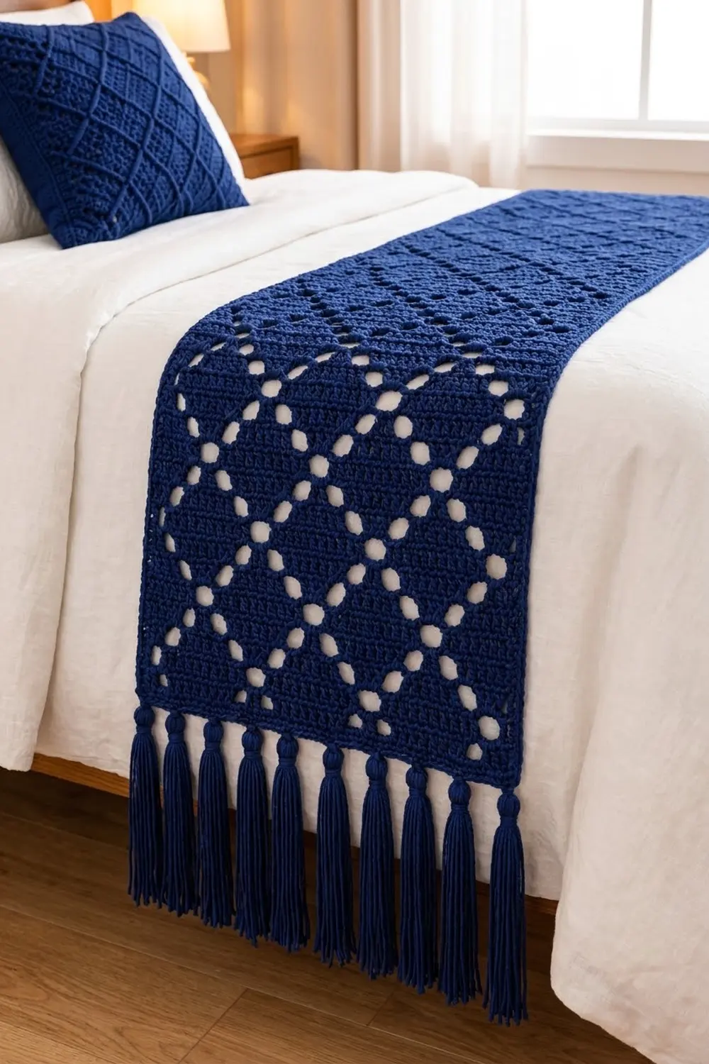 Navy blue crochet throw with openwork diamond pattern and fringe draped on white bed with matching pillow in bright bedroom.