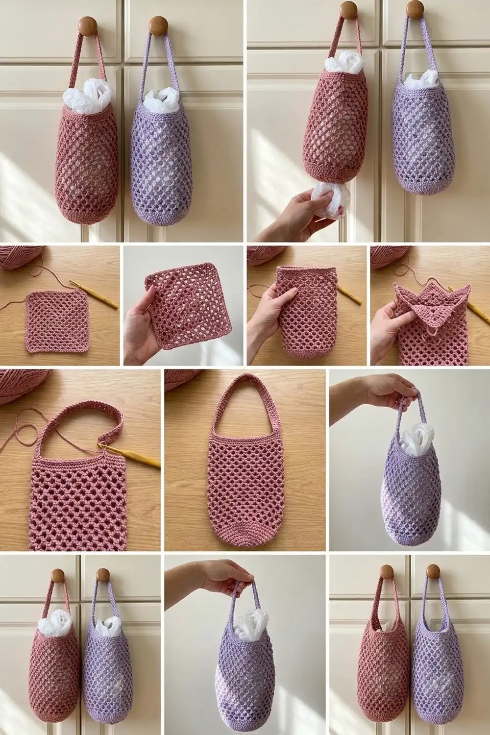 Crocheted pouches in mauve and dusty rose with wooden bead handles, shown hanging and held in lifestyle and construction detail photos.