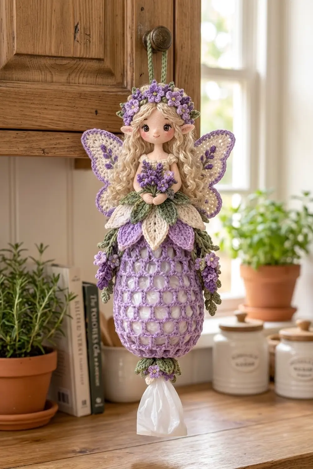 Purple and cream crocheted fairy with flowers hangs from wooden cabinet knob beside potted plants and sunlit window.