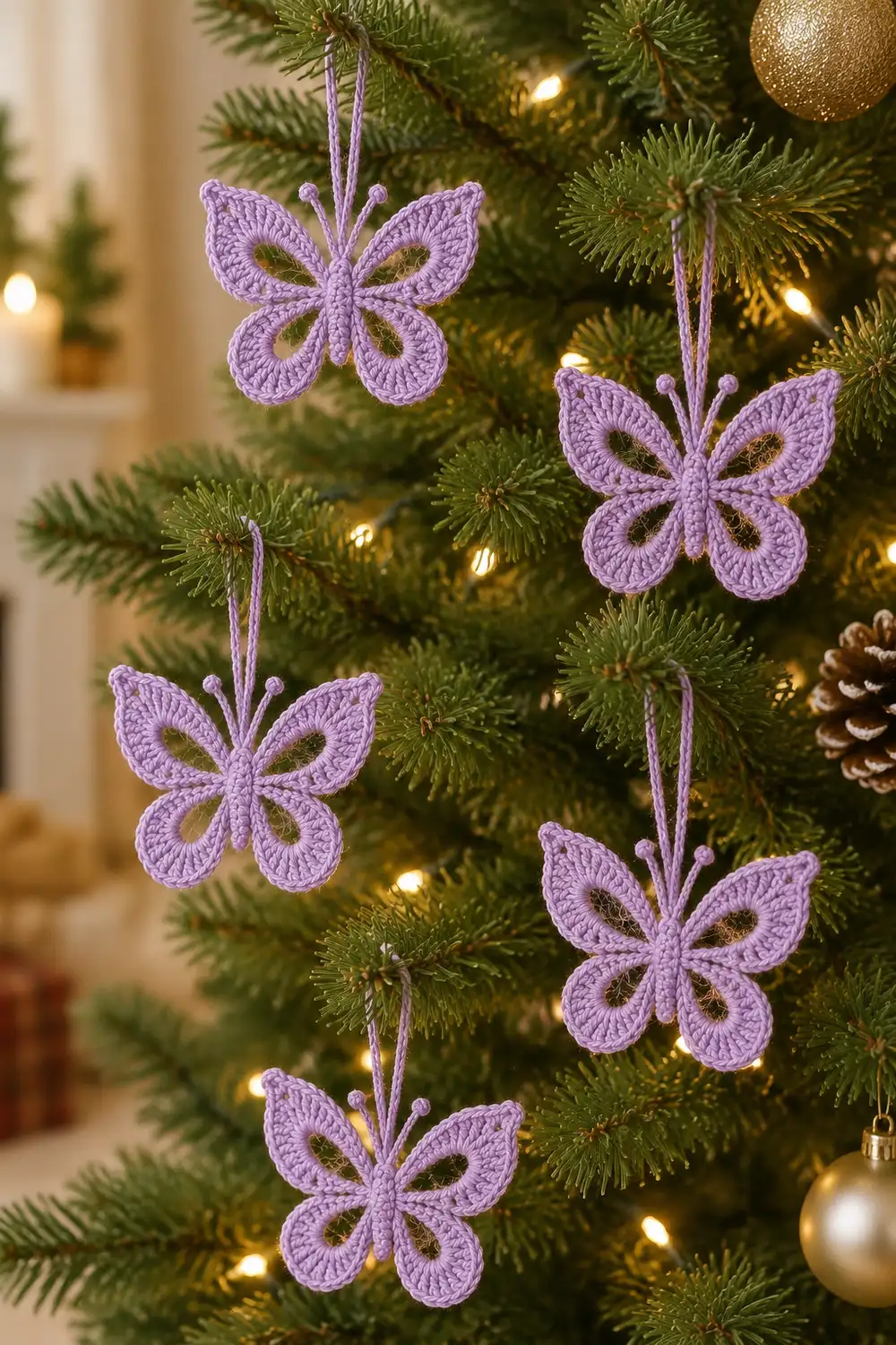 Purple crocheted butterfly ornaments hanging on a Christmas tree with lights and gold baubles.