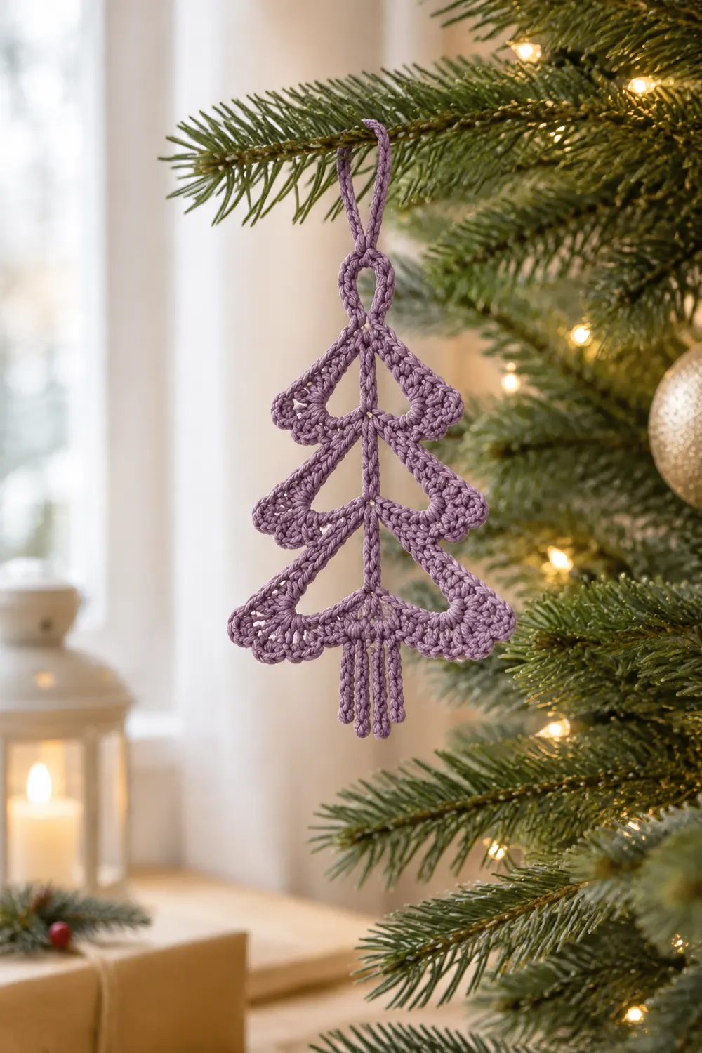 A purple crocheted Christmas tree ornament hangs from an evergreen branch decorated with warm lights.