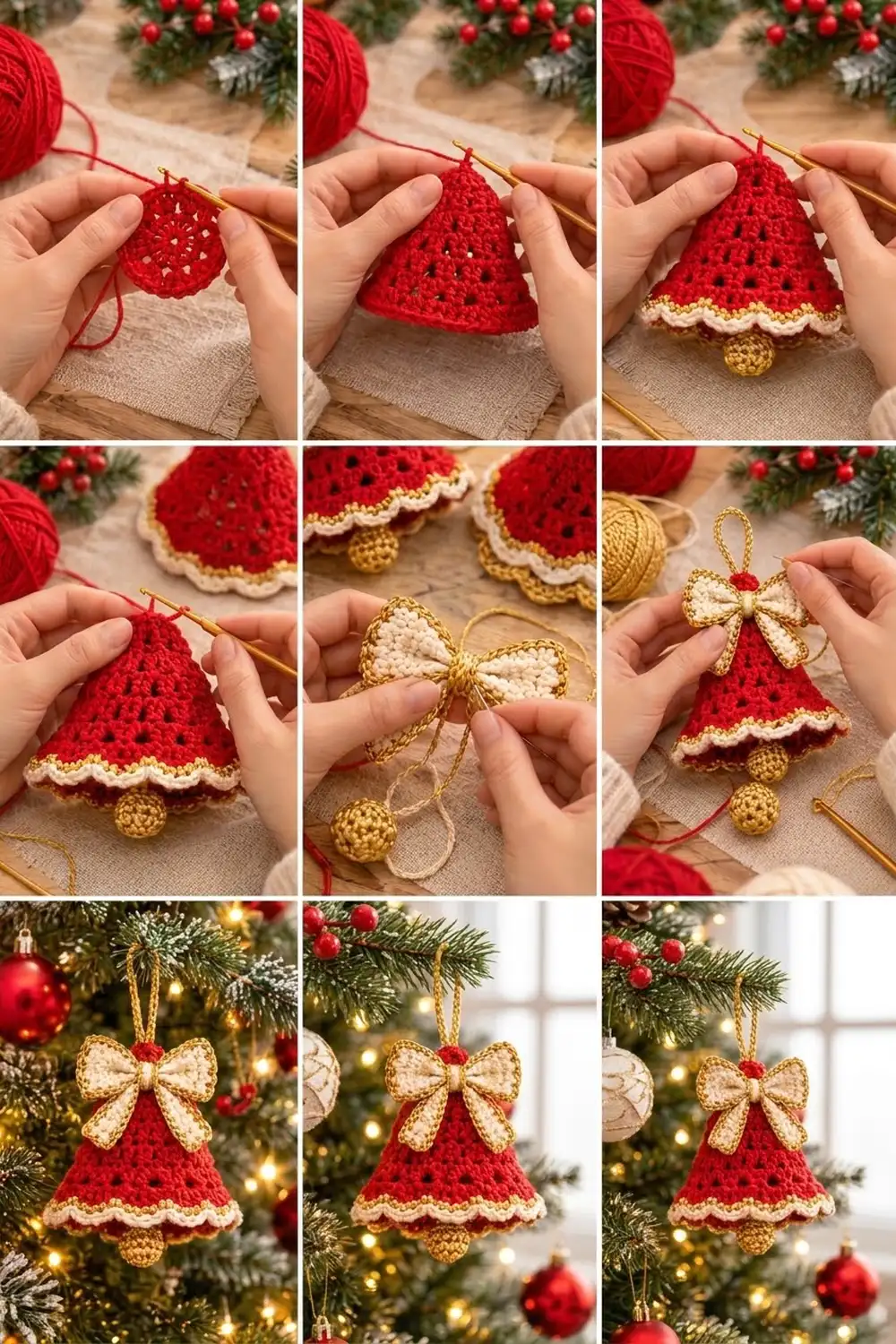 Crocheted red bell ornaments with gold bows and trim shown being assembled and hanging on a festive Christmas tree.