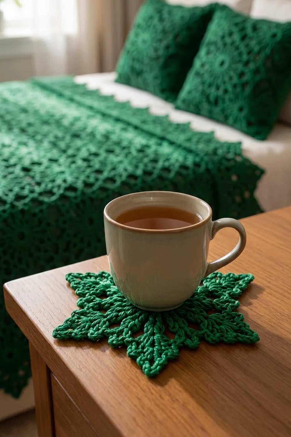 Cream mug with tea rests on green crocheted starburst coaster, styled with matching crochet throw and pillows.