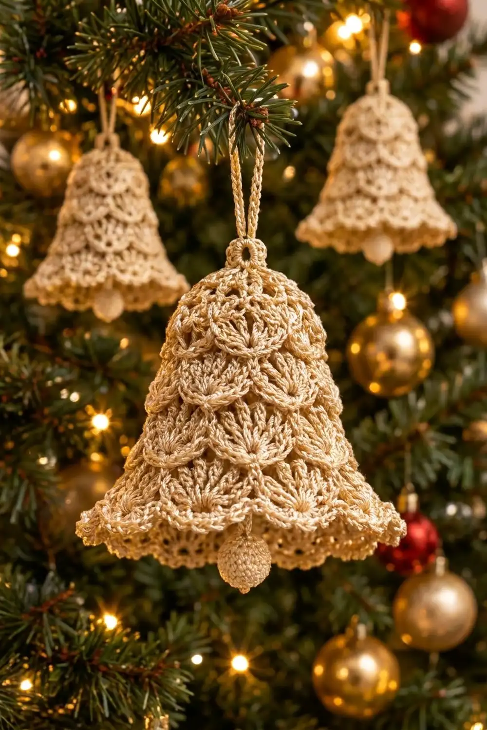 Cream crocheted bell ornament with delicate lace pattern hanging on Christmas tree amid golden ornaments and lights.