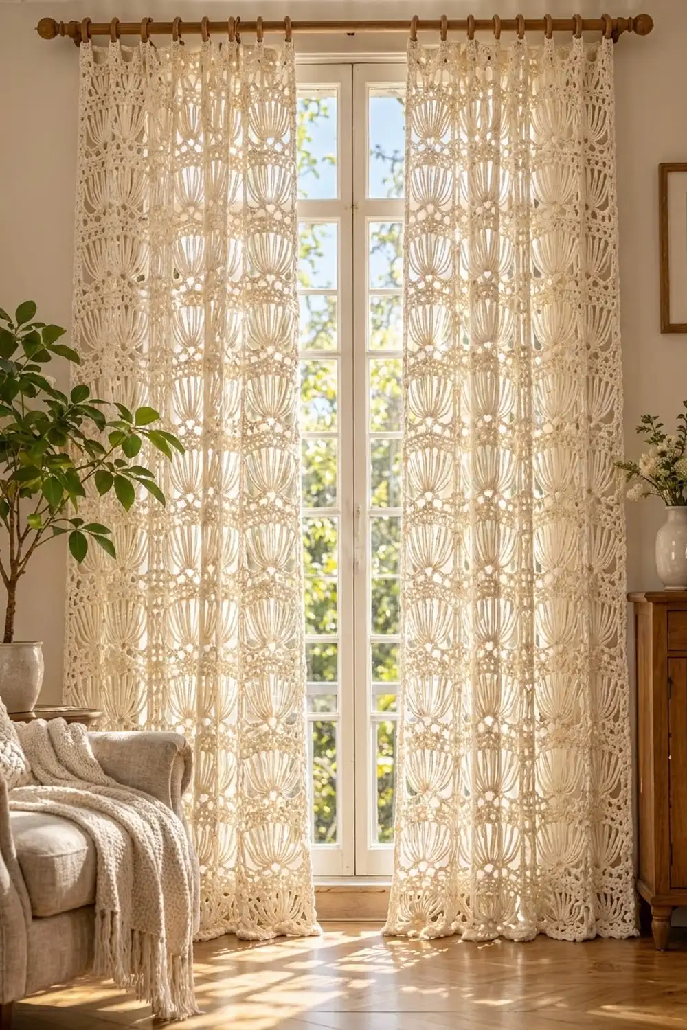 Cream crocheted curtains with fan pattern hang at tall French doors, filtering sunlight into a bright room with neutral furnishings.