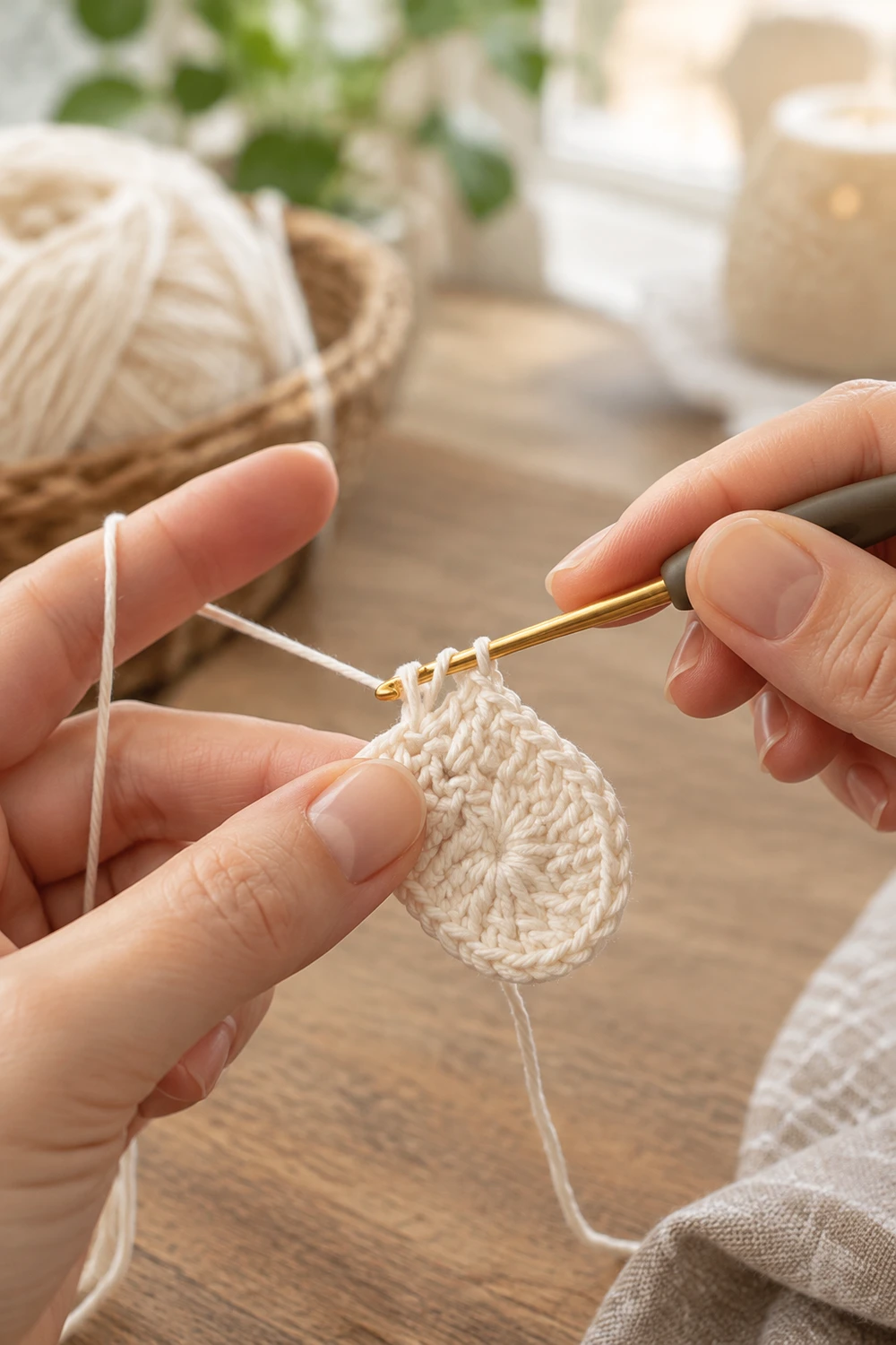 A person crocheting a cream-colored teardrop amigurumi with a golden hook and yarn ball on a wooden surface.