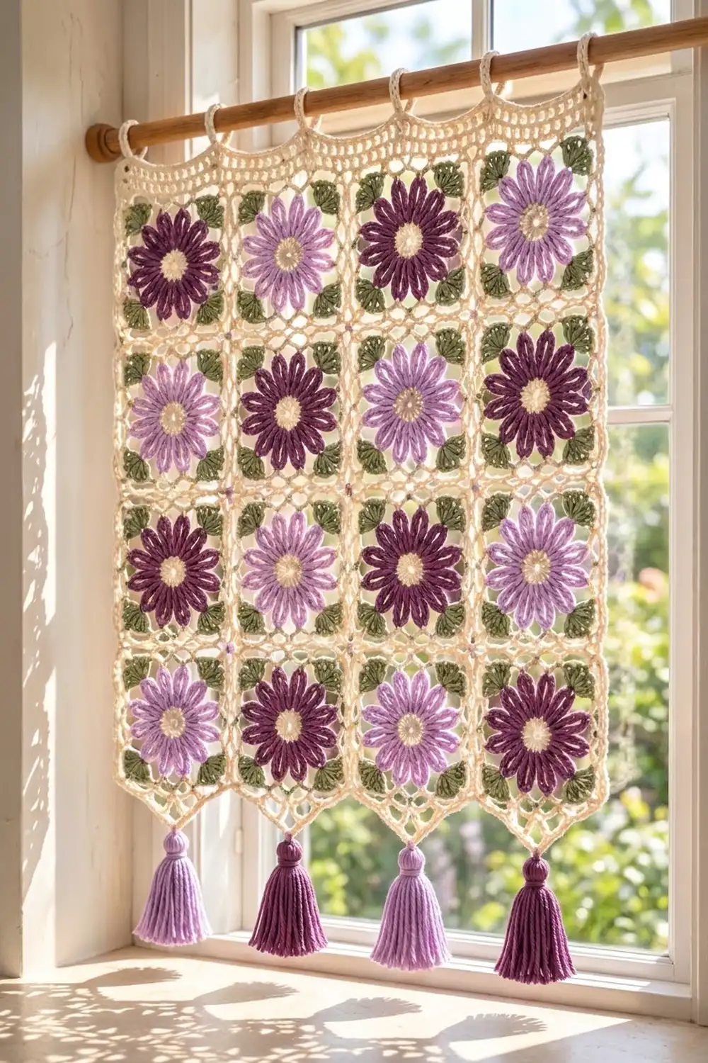 Cream crocheted window valance with purple daisies, green leaves, and purple tassels displayed in a bright, sunlit window.