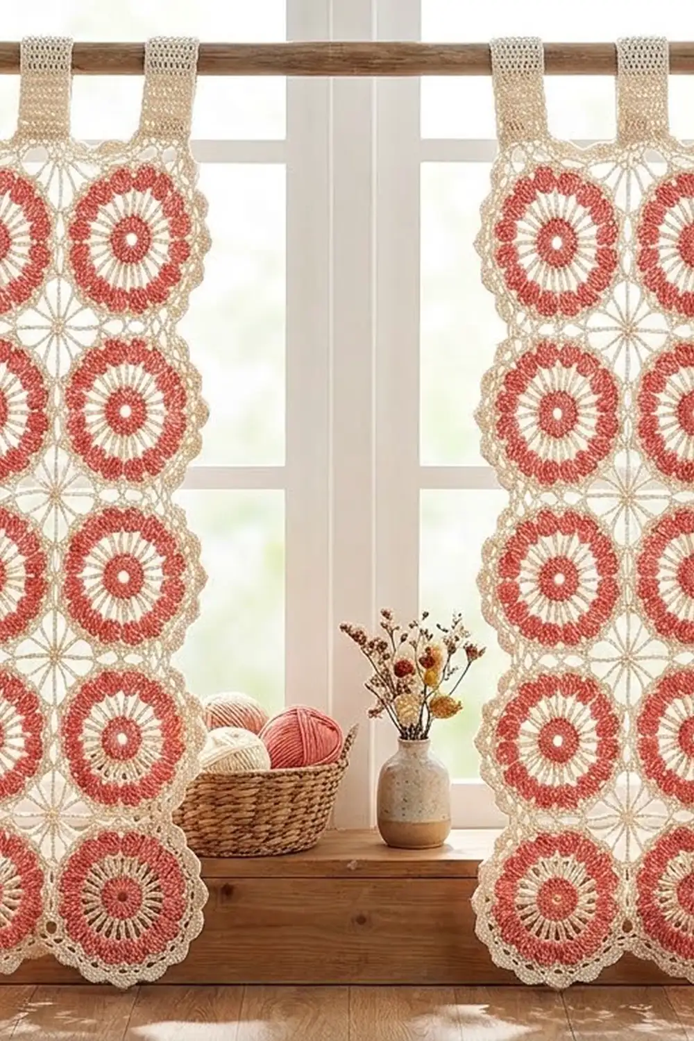 Red and cream crochet curtains with circular motifs frame a bright window above a wooden sill with yarn and dried flowers.