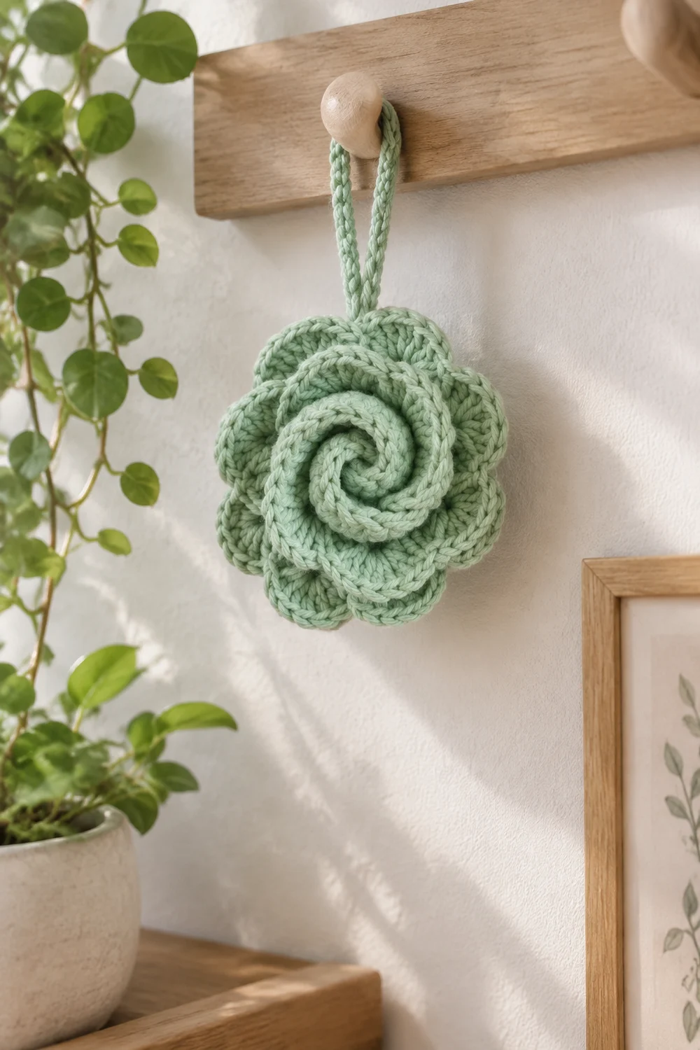A sage green crocheted rose ornament hangs from a wooden peg rail beside potted greenery and framed artwork.