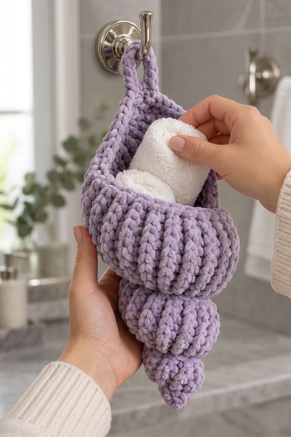 Purple crocheted hanging storage caddy holding folded white towels in a modern bathroom.