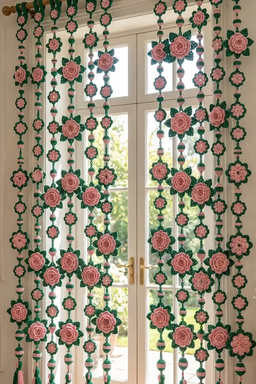 Crocheted pink flowers with green leaves hang as a decorative curtain in front of a bright window.