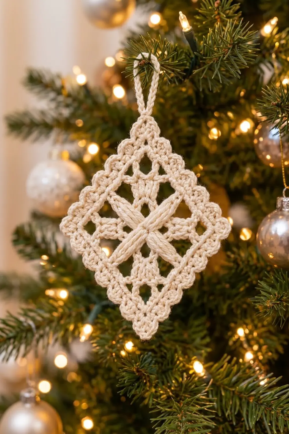 Cream crocheted diamond ornament with geometric star motif hangs on evergreen tree surrounded by warm lights.