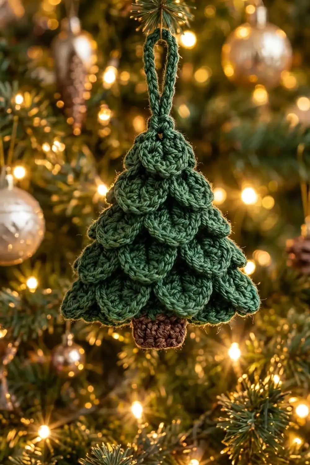 Crocheted green tree ornament with brown trunk hanging on a Christmas tree decorated with warm golden lights and metallic ornaments.