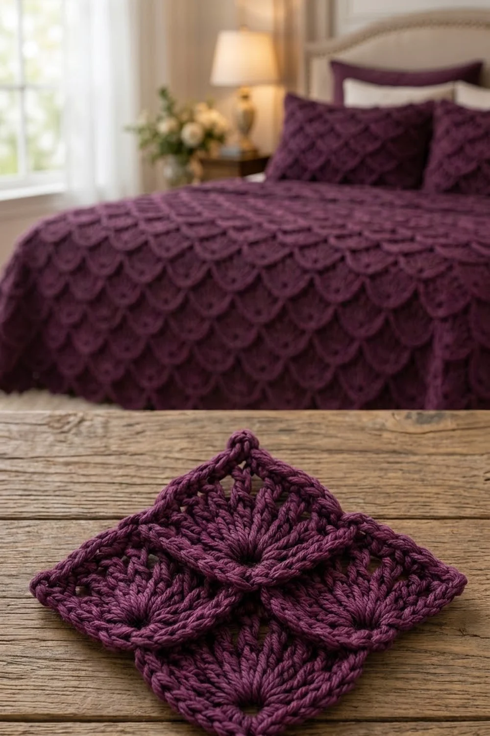 A burgundy crocheted granny square on a wooden surface with matching quilted bedspread and pillows styling a bedroom in background.