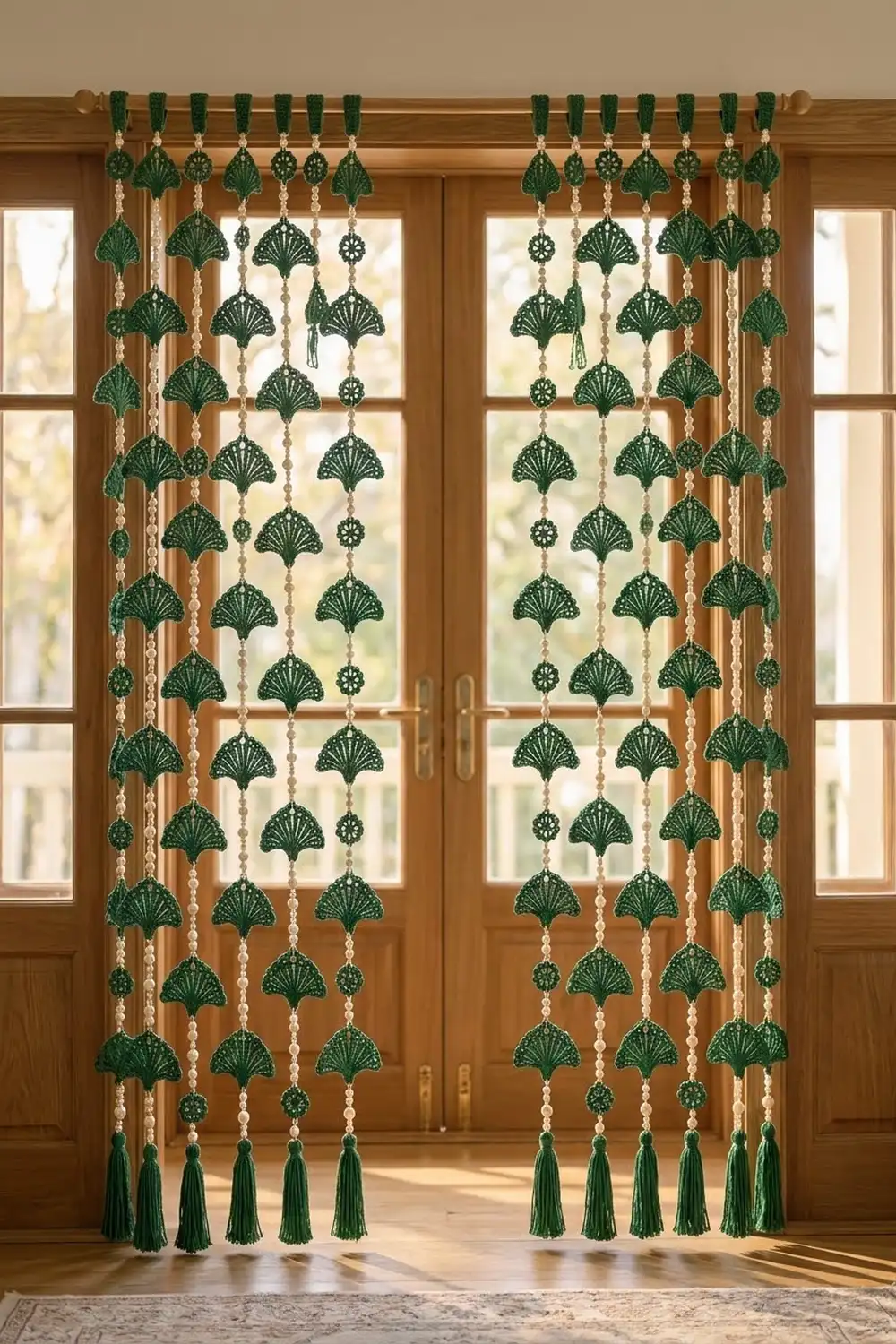 Dark green crocheted shell-pattern curtain with cream beads and green tassels hanging in a wooden doorway.