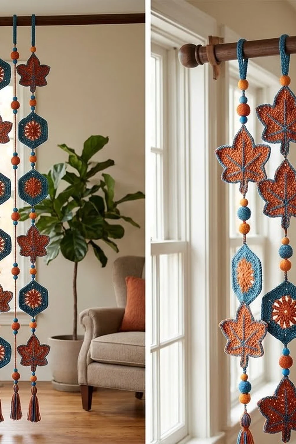 Crocheted garland featuring rust-orange and teal leaves and geometric shapes hanging from a wooden rod near a window.