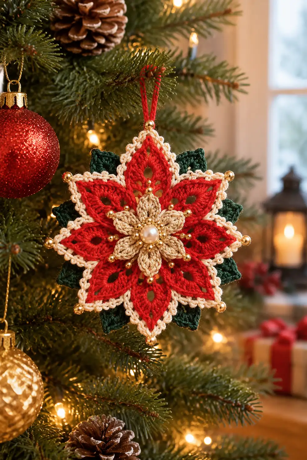 A crocheted red poinsettia ornament with gold beads and green leaves hangs on a decorated Christmas tree.