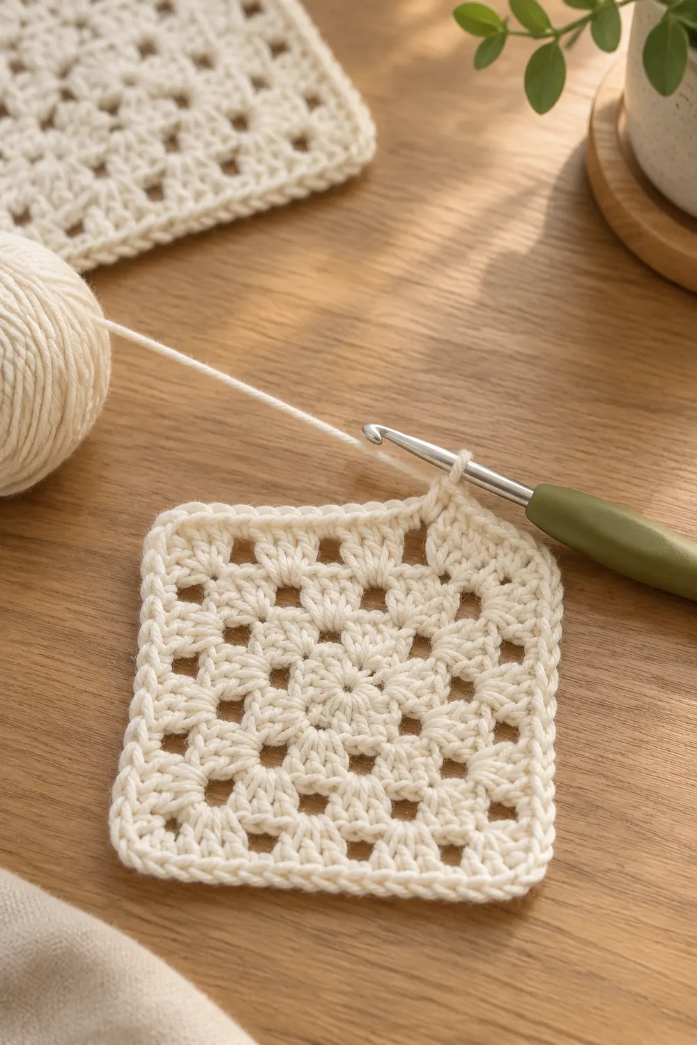 A cream crochet square with an open lacework pattern lies on a wooden surface beside yarn and a crochet hook.