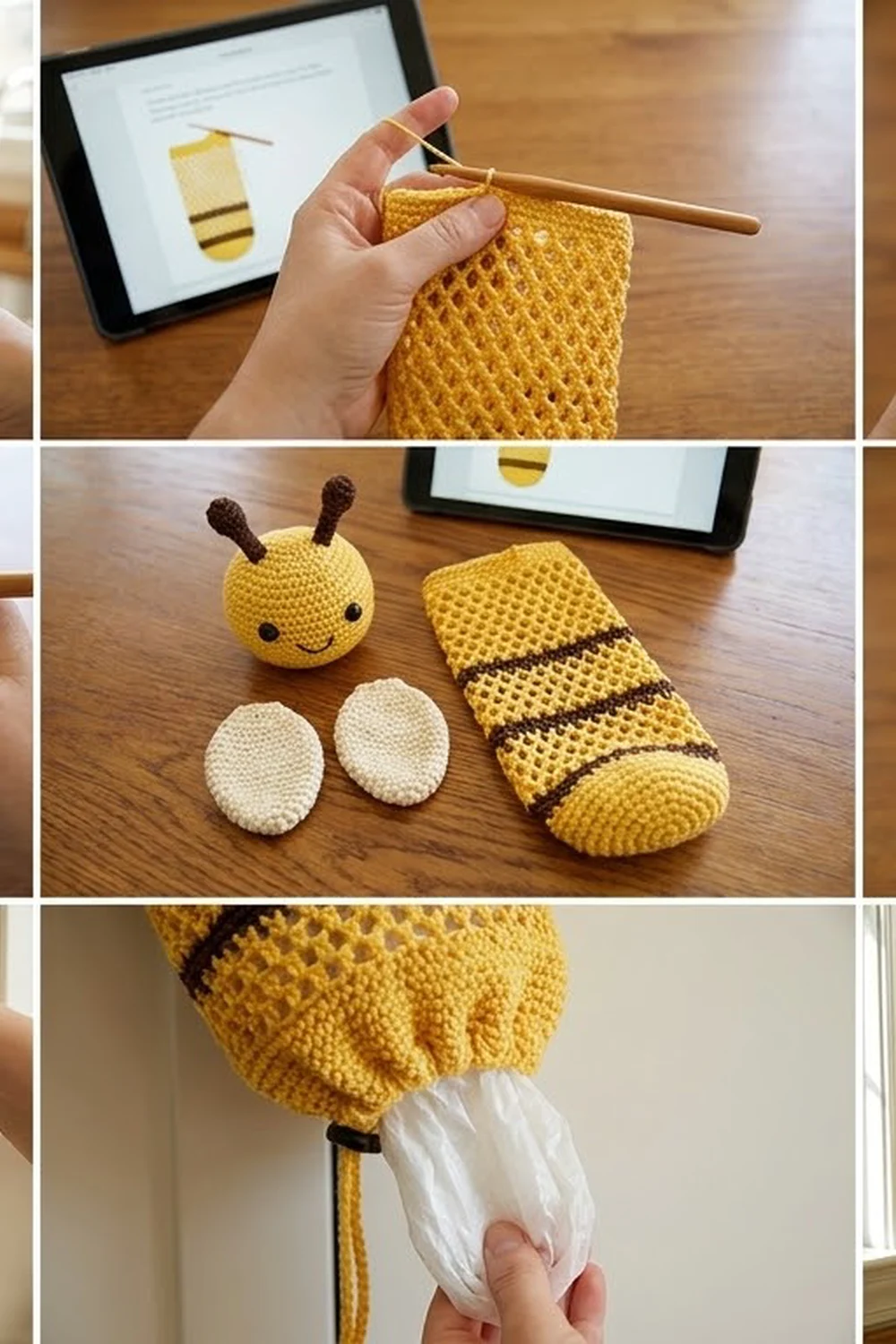 Crocheted yellow honey bee set with matching striped pouch and white eggs displayed beside tablet showing the digital pattern.