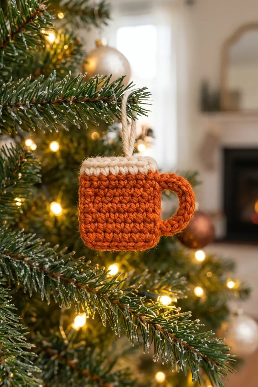 Crocheted orange mug ornament with cream collar hanging on evergreen branch strung with warm golden lights.
