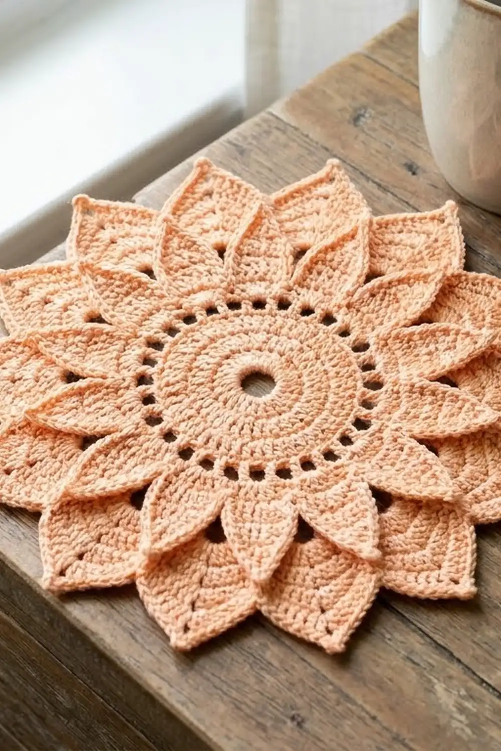 Peachy crocheted lace flower doily with delicate cutout pattern displayed on weathered wood beside a white ceramic pot.
