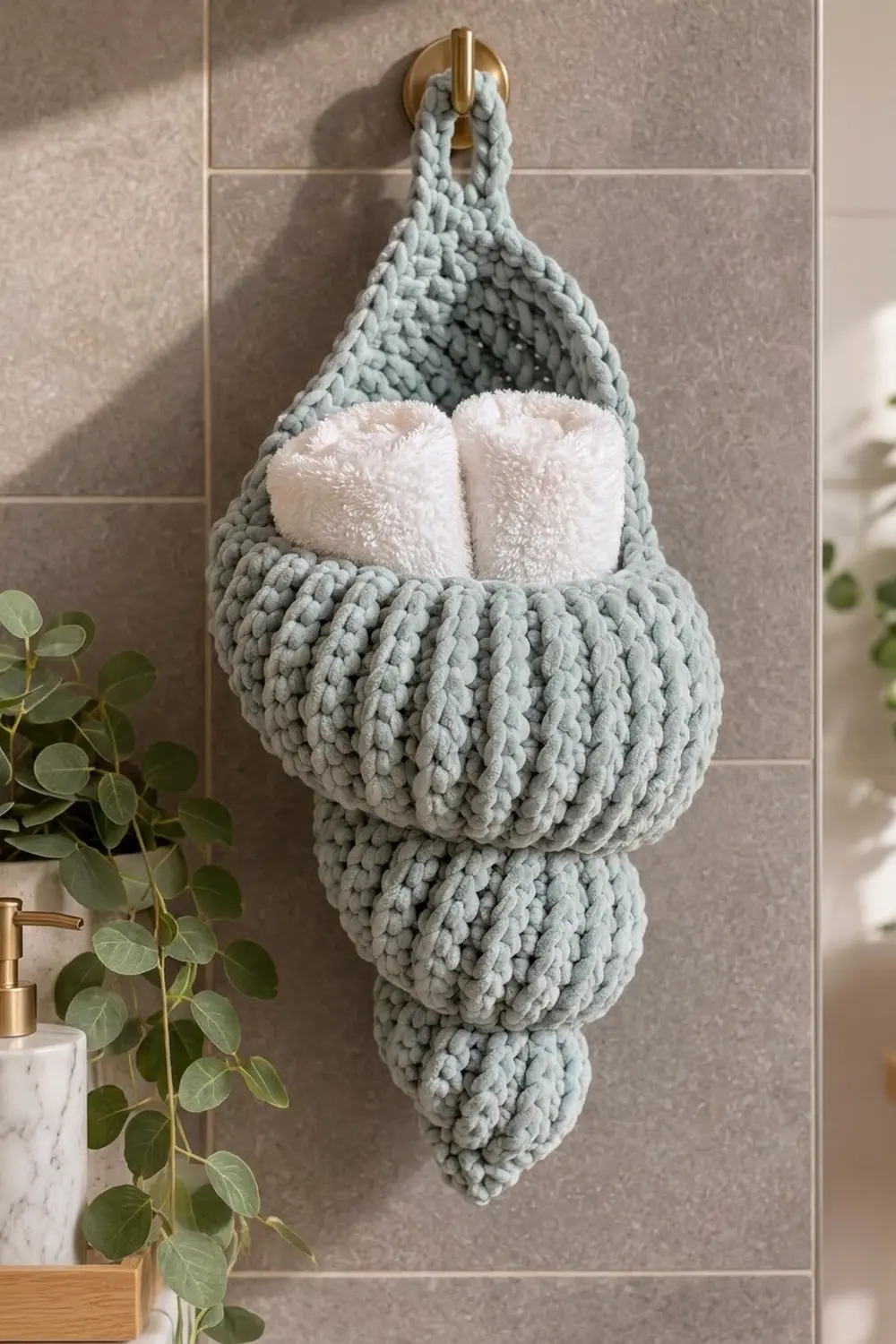 Chunky sage green crocheted basket mounted on bathroom tile stores rolled white towels beside a potted eucalyptus plant.