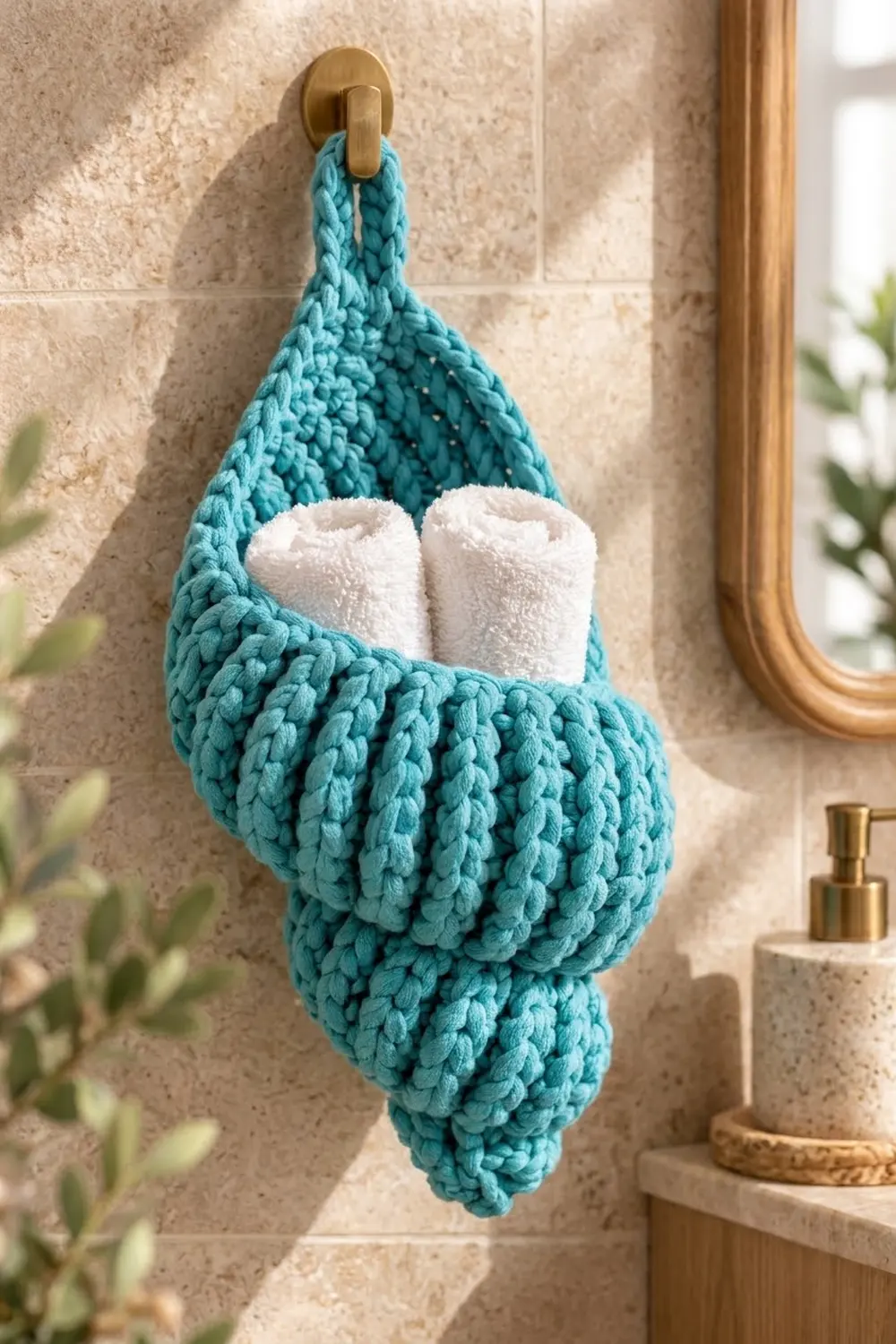 Turquoise crocheted hanging storage pouch holding rolled white hand towels in a light-tiled bathroom setting.