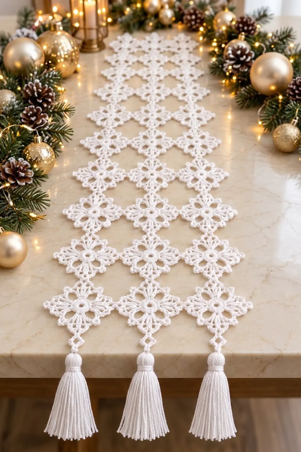 White crocheted table runner with geometric pattern and tassel fringe styled among festive holiday garland and gold ornaments.
