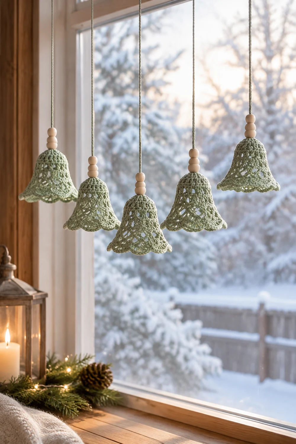 Five sage green crocheted bell ornaments with wooden beads hang in a snowy window display.