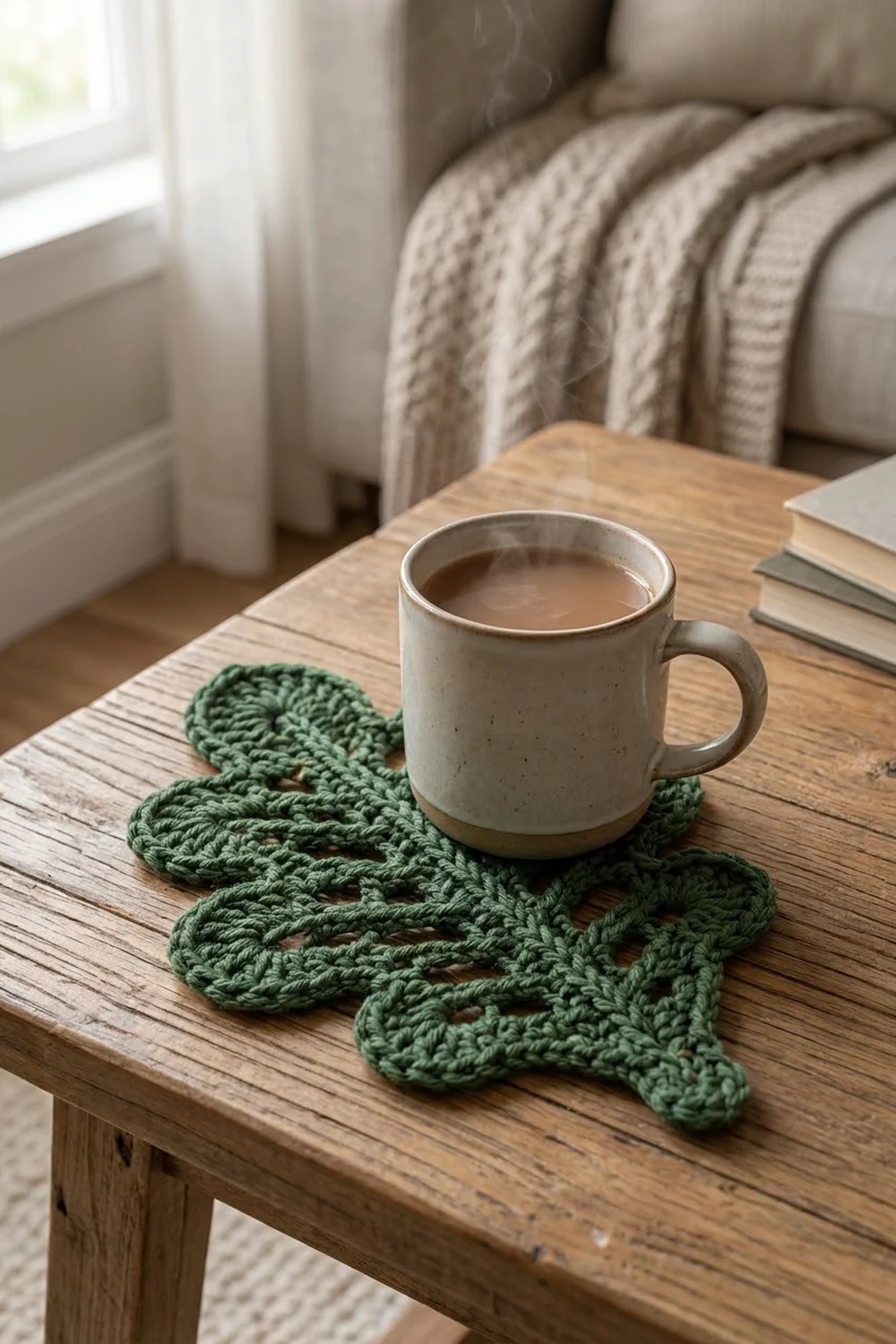 Sage green crocheted leaf-shaped coaster holding a cream ceramic mug on a wooden table in a cozy home setting.