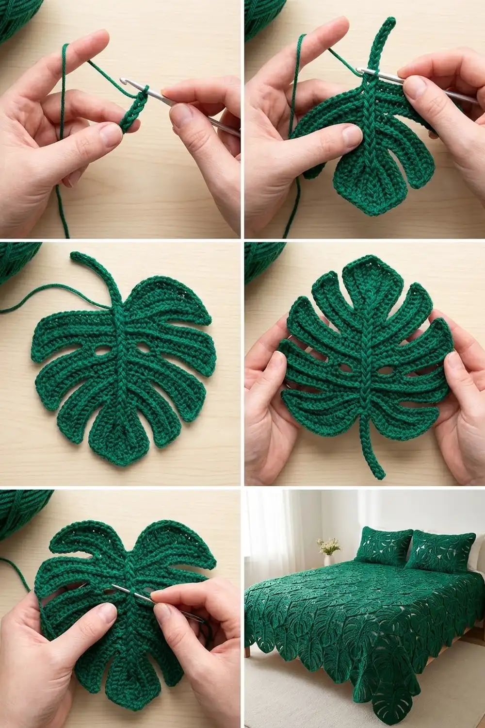 Forest green crocheted Monstera leaf used as bedroom bedding with coordinating pillows.