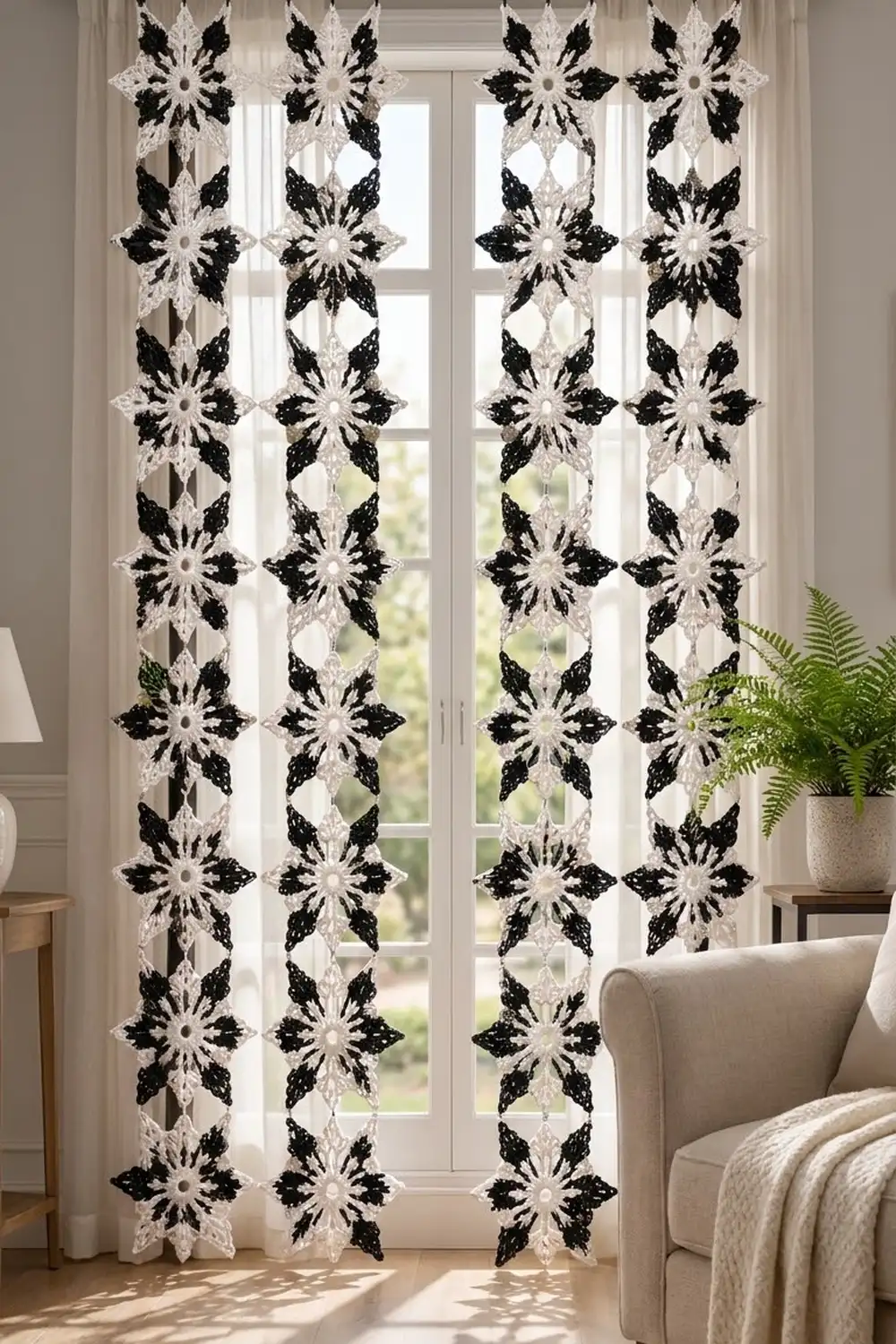 Crocheted black and white star-patterned curtains hang on a sunny window beside a beige armchair and fern.