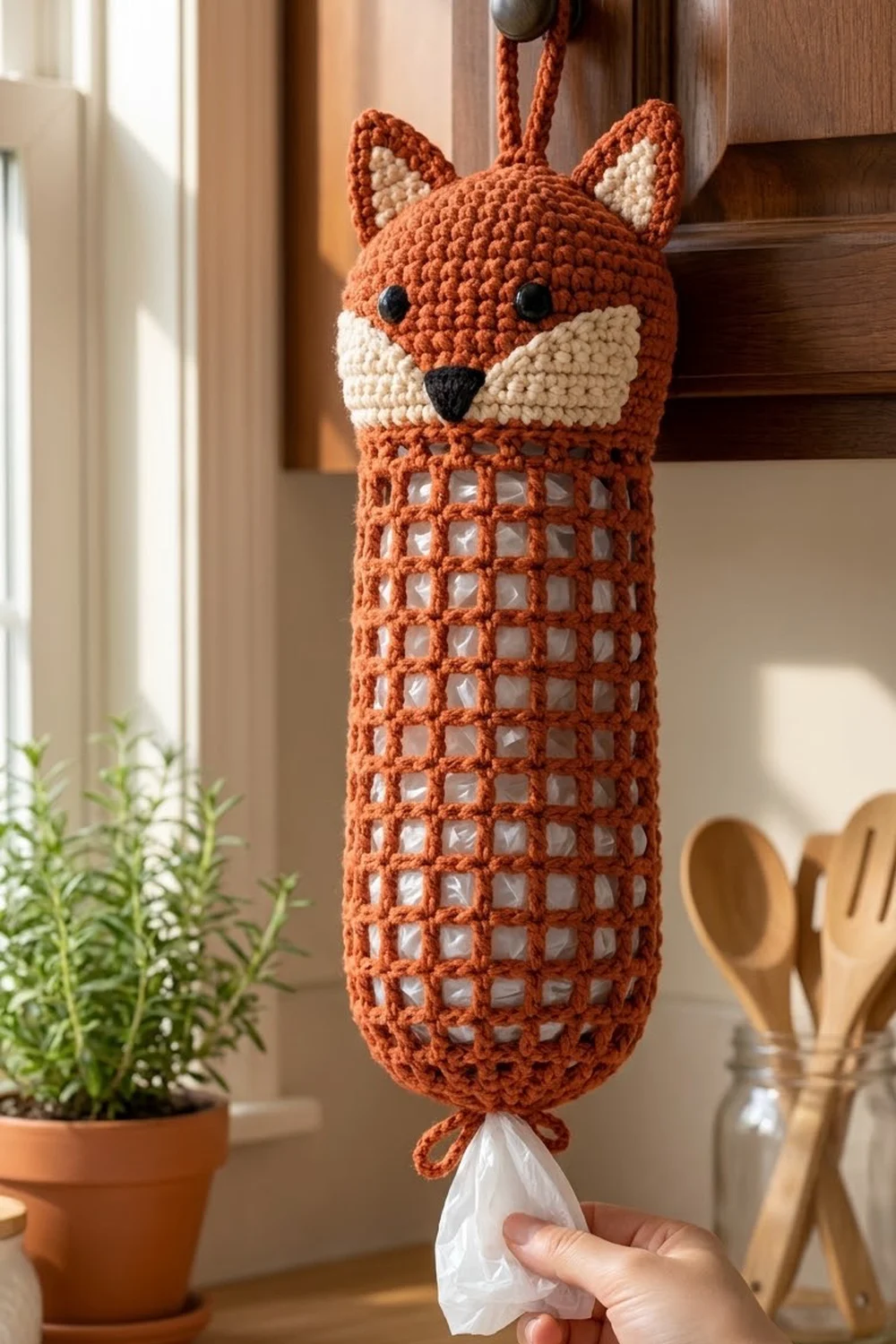 Hand holding crocheted rust-orange fox bag holder with cream face and white plastic bag inside.