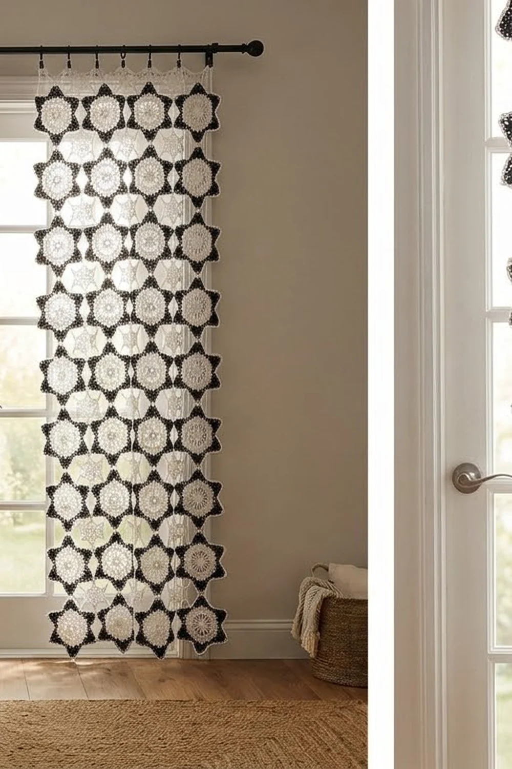 Crocheted hexagon patchwork in cream and charcoal hanging as room divider in bright, neutral bedroom.