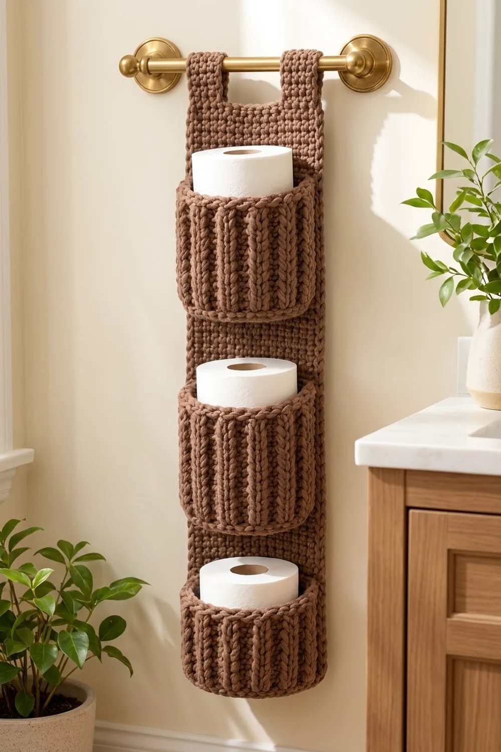 Knitted brown toilet paper holder with three pockets holding white rolls on a brass bathroom towel rod.