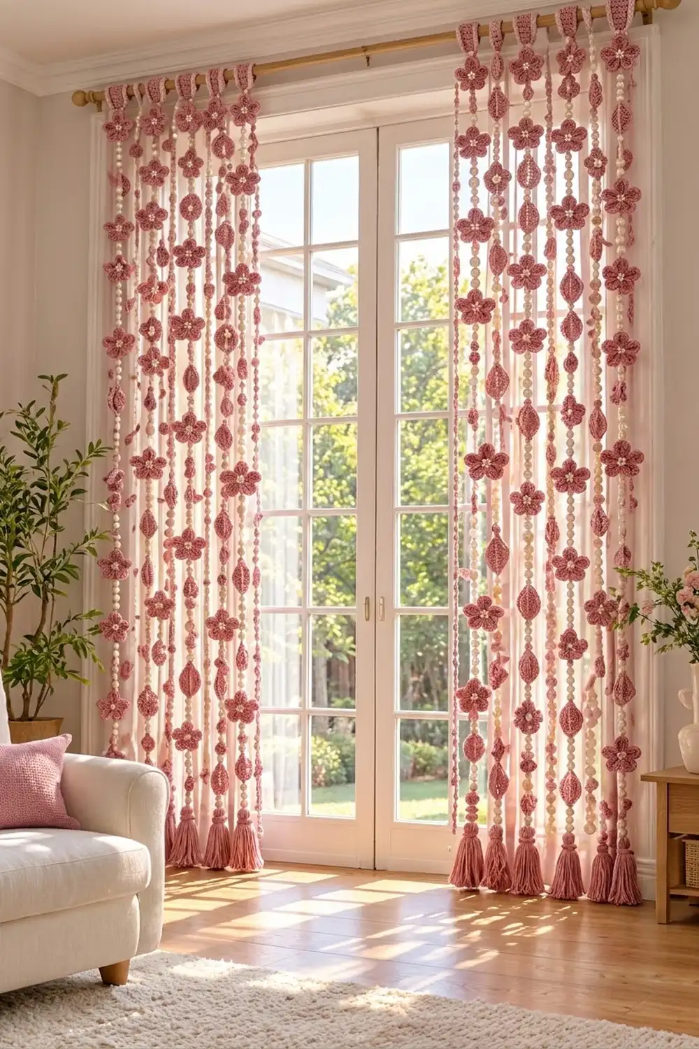 Rose-pink crochet curtains with flower motifs and beaded strands hang from brass rods before tall glass doors in bright sunlight.